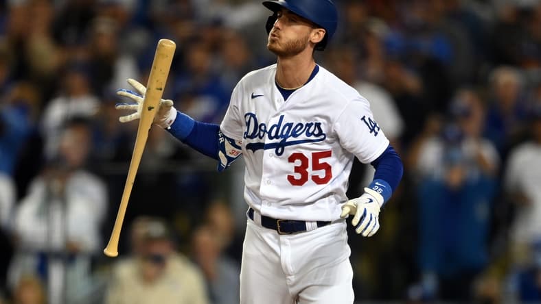 Oct 21, 2021; Los Angeles, California, USA; Los Angeles Dodgers first baseman Cody Bellinger (35) reacts after striking out in the third inning against the Atlanta Braves during game five of the 2021 NLCS at Dodger Stadium. Mandatory Credit: Jayne Kamin-Oncea-USA TODAY Sports
