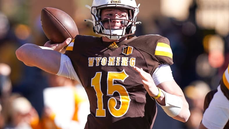 Nov 06, 2021; Laramie, WY, USA; Wyoming Cowboys quarterback Levi Williams (15) warms up before the game against the Colorado State Rams at War Memorial Stadium. Mandatory Credit: Troy Babbitt-USA TODAY Sports