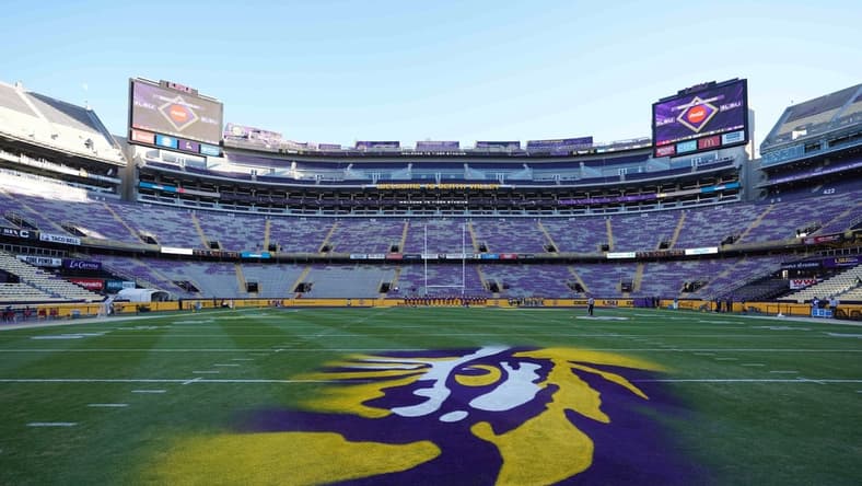 Nov 13, 2021; Baton Rouge, Louisiana, USA; A general overall view of the LSU Tigers logo at midfield at Tiger Stadium. Mandatory Credit: Kirby Lee-USA TODAY Sports
