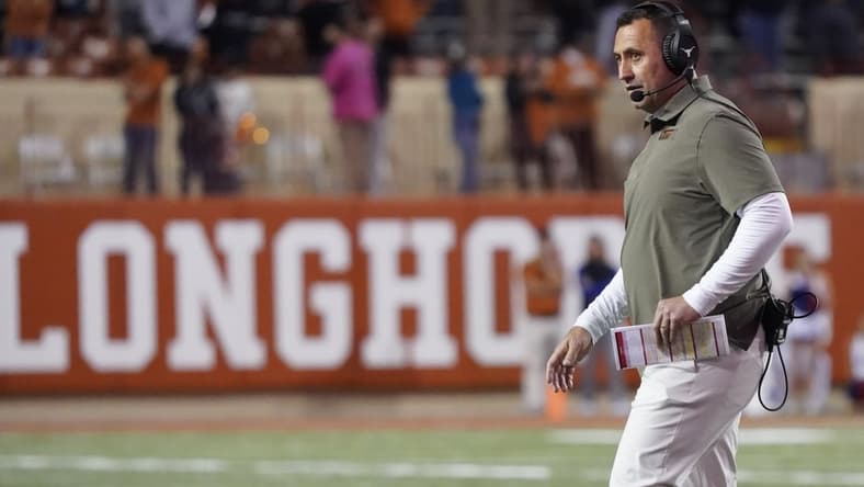 Nov 13, 2021; Austin, Texas, USA; Texas Longhorns head coach Steve Sarkisian during the second half against the Kansas Jayhawks at Darrell K Royal-Texas Memorial Stadium. Mandatory Credit: Scott Wachter-USA TODAY Sports
