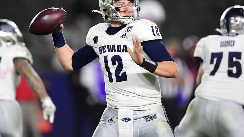 Nov 13, 2021; Carson, California, USA; Nevada Wolf Pack quarterback Carson Strong (12) throws against the San Diego State Aztecs during the second half at Dignity Health Sports Park. Mandatory Credit: Gary A. Vasquez-USA TODAY Sports