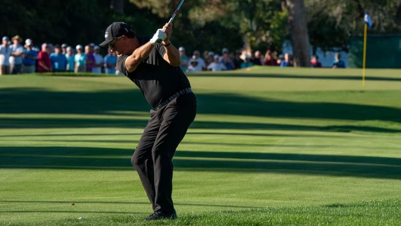 Nov 14, 2021; Phoenix, Arizona, USA; Phil Mickelson with this approach to the 17th during the final round of the Charles Schwab Cup Championship golf tournament at Phoenix Country Club. Mandatory Credit: Allan Henry-USA TODAY Sports
