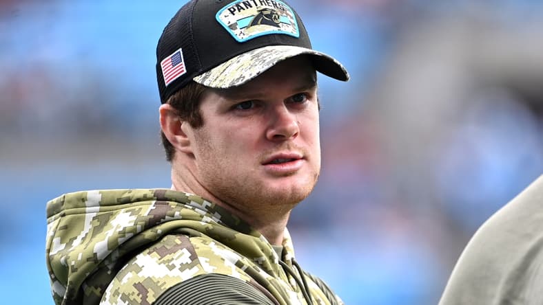 Nov 21, 2021; Charlotte, North Carolina, USA; Carolina Panthers quarterback Sam Darnold (14) before the game at Bank of America Stadium. Mandatory Credit: Bob Donnan-USA TODAY Sports