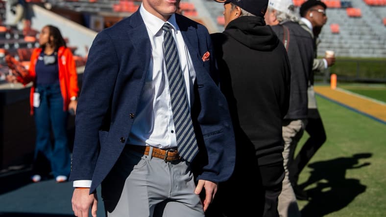 Auburn Tigers quarterback Bo Nix (10) walks the field before taking on Mississippi State Bulldogs at Jordan-Hare Stadium in Auburn, Ala., on Saturday, Nov. 13, 2021.