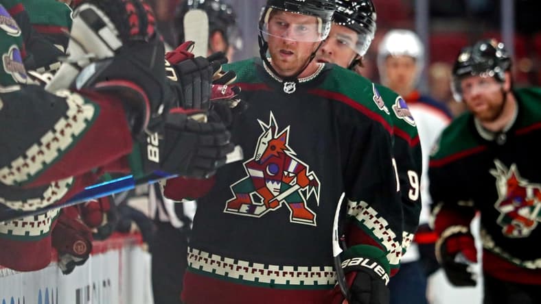 Nov 24, 2021; Glendale, Arizona, USA; Arizona Coyotes center Travis Boyd (72) celebrates after scoring a goal during the third period against the Edmonton Oilers at Gila River Arena. Mandatory Credit: Mark J. Rebilas-USA TODAY Sports