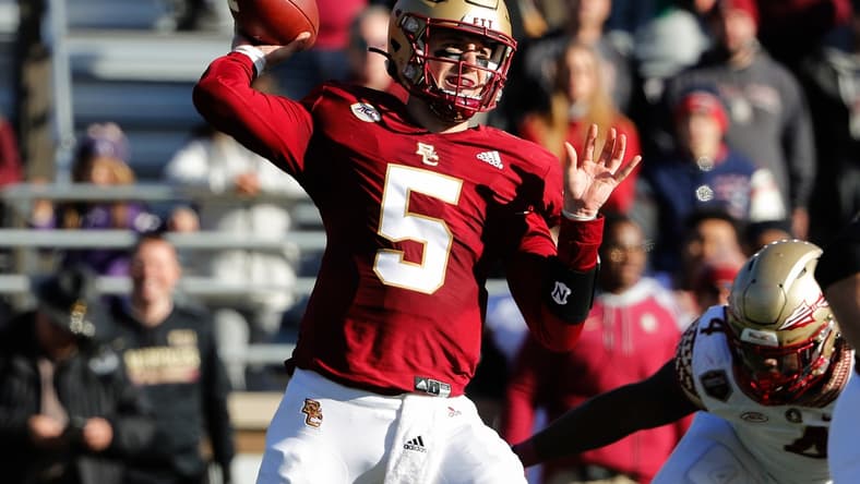 Nov 20, 2021; Chestnut Hill, Massachusetts, USA; Boston College Eagles quarterback Phil Jurkovec (5) passes against the Florida State Seminoles during the first half at Alumni Stadium. Mandatory Credit: Winslow Townson-USA TODAY Sports