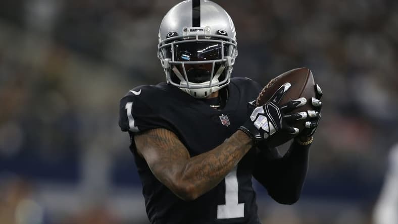 Nov 25, 2021; Arlington, Texas, USA; Las Vegas Raiders wide receiver DeSean Jackson (1) runs for a touchdown during the first quarter against the Dallas Cowboys at AT&T Stadium. Mandatory Credit: Tim Heitman-USA TODAY Sports