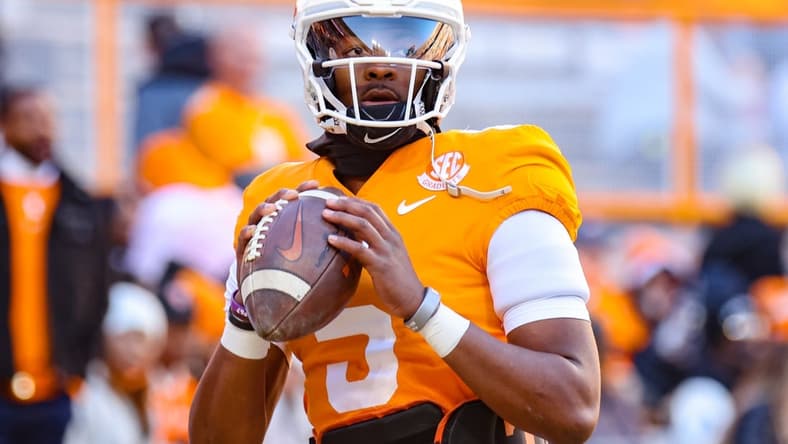 Nov 27, 2021; Knoxville, Tennessee, USA; Tennessee Volunteers quarterback Hendon Hooker (5) warms up before the game against the Vanderbilt Commodores at Neyland Stadium. Mandatory Credit: Randy Sartin-USA TODAY Sports