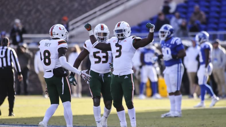 Nov 27, 2021; Durham, North Carolina, USA; Miami Hurricanes wide receiver Mike Harley (3) celebrates during the second half of the game against the Miami Hurricanes at Wallace Wade Stadium. at Wallace Wade Stadium. Mandatory Credit: Jaylynn Nash-USA TODAY Sports