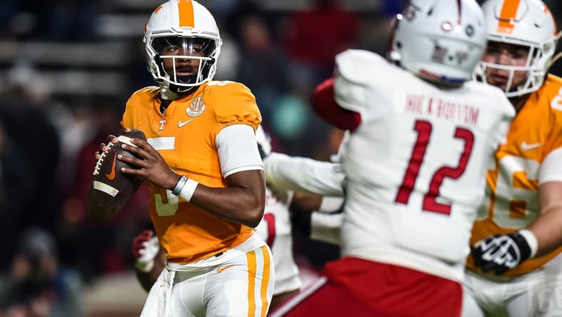Nov 20, 2021; Knoxville, Tennessee, USA; Tennessee Volunteers quarterback Hendon Hooker (5) during the first half against the South Alabama Jaguars at Neyland Stadium. Mandatory Credit: Bryan Lynn-USA TODAY Sports