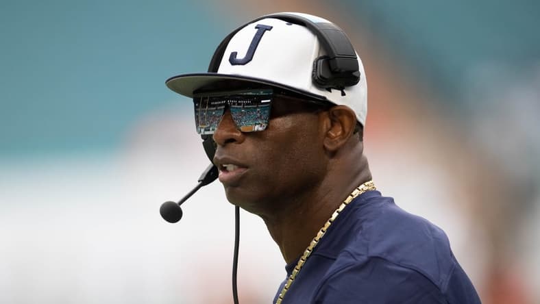 Jackson State University head coach Deion Sanders walks along the sideline during the Orange Blossom Classic between Florida A&M University and Jackson State University at Hard Rock Stadium in Miami Gardens, Fla. Sunday, Sept. 5, 2021.

Orange Blossom Classic 090521 Ts 3627