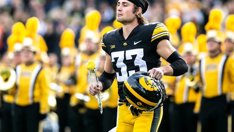 Iowa defensive back Riley Moss (33) is acknowledged during a senior day ceremony before a NCAA Big Ten Conference football game against Illinois, Saturday, Nov. 20, 2021, at Kinnick Stadium in Iowa City, Iowa.

211120 Illinois Iowa Fb 064 Jpg
