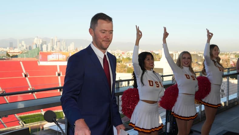 Nov 29, 2021; Los Angeles, CA, USA; Lincoln Riley reacts during a press conference to introduce Riley as Southern California Trojans head coach at the Los Angeles Memorial Coliseum. Mandatory Credit: Kirby Lee-USA TODAY Sports