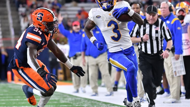 Nov 27, 2021; Syracuse, New York, USA; Pittsburgh Panthers wide receiver Jordan Addison (3) and Syracuse Orange defensive back Eric Coley (34) in the third quarter at the Carrier Dome. Mandatory Credit: Mark Konezny-USA TODAY Sports
