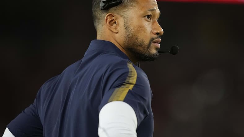 Nov 27, 2021; Stanford, California, USA; Notre Dame Fighting Irish defensive coordinator Marcus Freeman stands on the sideline during the second quarter against the Stanford Cardinal at Stanford Stadium. Mandatory Credit: Darren Yamashita-USA TODAY Sports