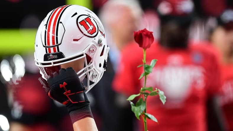 December 3, 2021; Las Vegas, NV, USA; Utah Utes helmet pictured with rose following the victory against the Oregon Ducks in the 2021 Pac-12 Championship Game at Allegiant Stadium. Mandatory Credit: Gary A. Vasquez-USA TODAY Sports