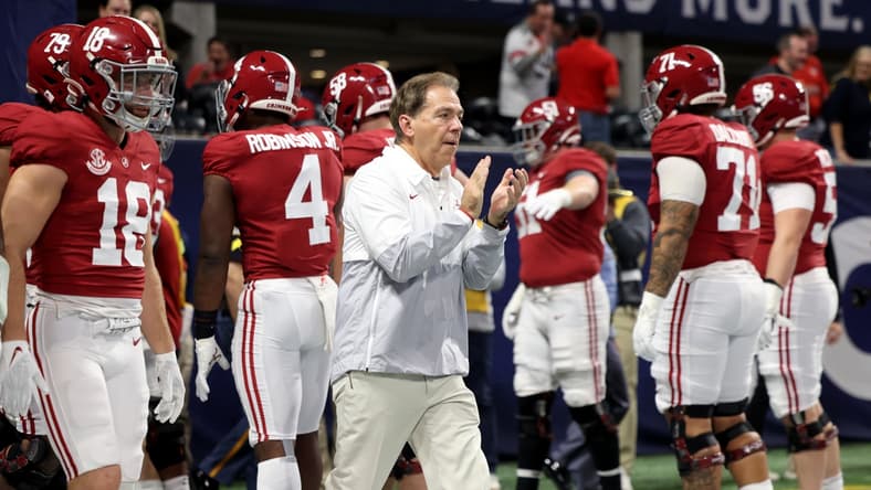 Dec 4, 2021; Atlanta, GA, USA; Alabama Crimson Tide head coach Nick Saban walks on the field before the SEC championship game against the Georgia Bulldogs at Mercedes-Benz Stadium. Mandatory Credit: Jason Getz-USA TODAY Sports