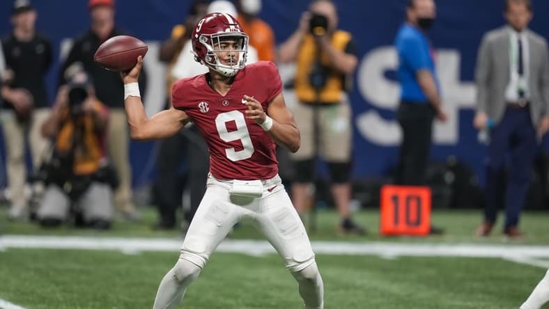 Dec 4, 2021; Atlanta, GA, USA; Alabama Crimson Tide quarterback Bryce Young (9) passes against the Georgia Bulldogs during the second half at Mercedes-Benz Stadium. Mandatory Credit: Dale Zanine-USA TODAY Sports