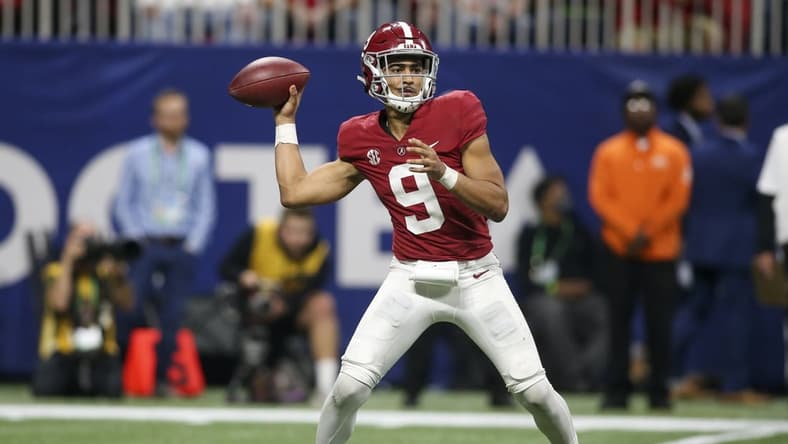 Dec 4, 2021; Atlanta, GA, USA; Alabama Crimson Tide quarterback Bryce Young (9) throws against the Georgia Bulldogs in the second half during the SEC championship game at Mercedes-Benz Stadium. Mandatory Credit: Brett Davis-USA TODAY Sports