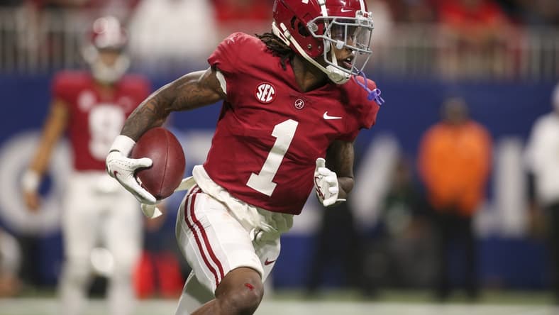 Dec 4, 2021; Atlanta, GA, USA; Alabama Crimson Tide wide receiver Jameson Williams (1) runs after a catch against the Georgia Bulldogs in the second half during the SEC championship game at Mercedes-Benz Stadium. Mandatory Credit: Brett Davis-USA TODAY Sports