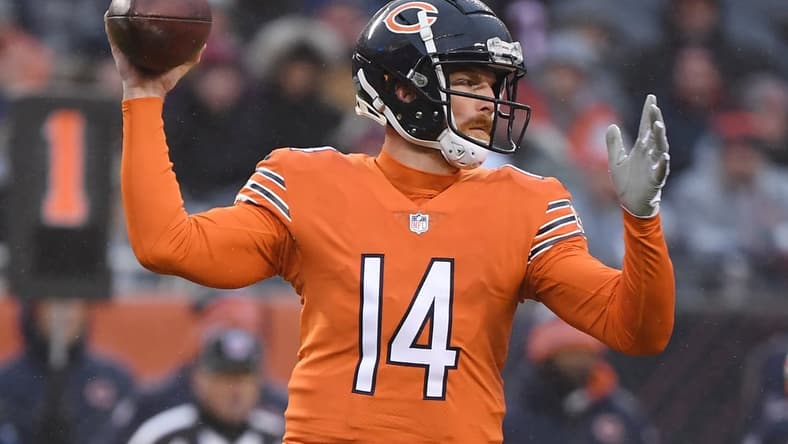 Dec 5, 2021; Chicago, Illinois, USA; Chicago Bears quarterback Andy Dalton (14) passes the football in the first half against the Arizona Cardinals at Soldier Field. Mandatory Credit: Quinn Harris-USA TODAY Sports