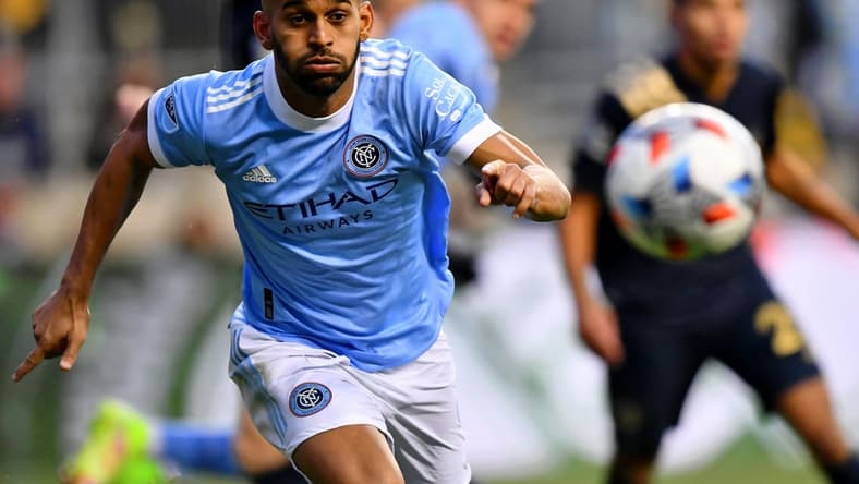 Dec 5, 2021; Chester, PA, USA; New York City FC forward Heber (9) chases after a ball against the Philadelphia Union during the second half of the Eastern Conference Finals of the 2021 MLS Playoffs at Subaru Park. New York City FC won 2-1. Mandatory Credit: Kyle Ross-USA TODAY Sports