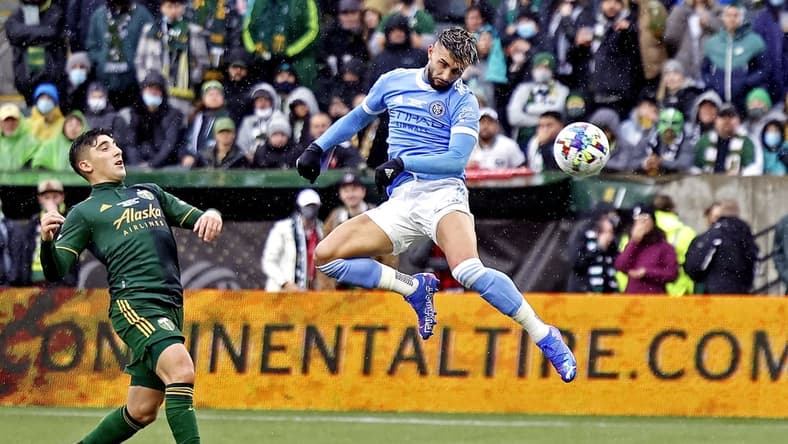 Dec 11, 2021; Portland, OR, USA; New York City FC midfielder Valentin Castellanos (11) scores a goal during the first half against the Portland Timbers the 2021 MLS Cup championship game at Providence Park. Mandatory Credit: Soobum Im-USA TODAY Sports