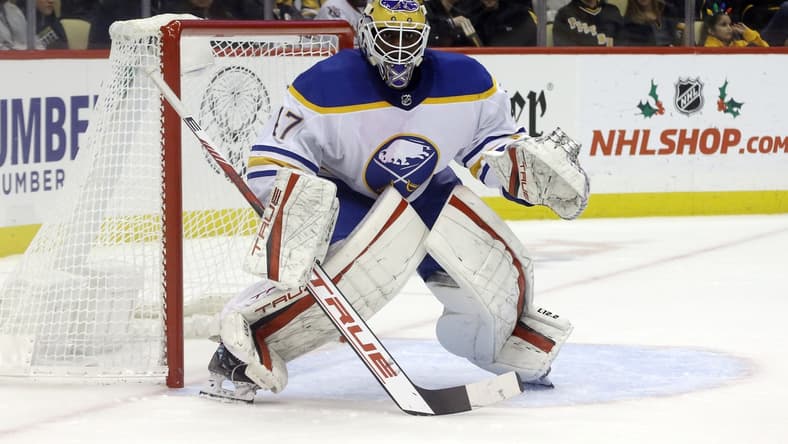 Dec 17, 2021; Pittsburgh, Pennsylvania, USA; Buffalo Sabres goaltender Malcolm Subban (47) guards the net against the Pittsburgh Penguins during the second period at PPG Paints Arena. Mandatory Credit: Charles LeClaire-USA TODAY Sports