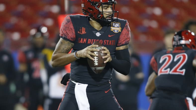 Dec 21, 2021; Frisco, TX, USA; San Diego State Aztecs quarterback Lucas Johnson (7) looks to pass in the first quarter against the UTSA Roadrunners during the 2021 Frisco Bowl at Toyota Stadium. Mandatory Credit: Tim Heitman-USA TODAY Sports