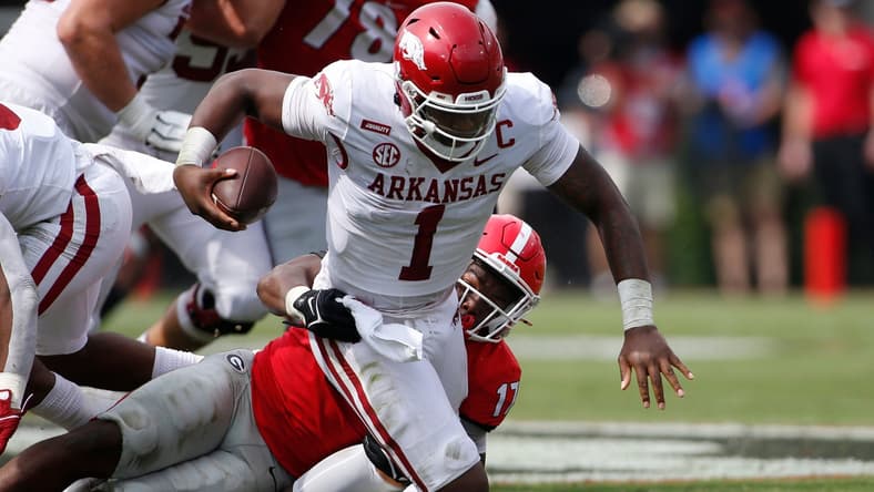 Georgia inside linebacker Nakobe Dean (17) sacks Arkansas quarterback KJ Jefferson (1) on Oct. 2.

News Joshua L Jones