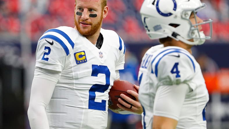 Indianapolis Colts quarterback Carson Wentz (2) warms up on the field before facing the Texans on Sunday, Dec. 5, 2021, at NRG Stadium in Houston.Indianapolis Colts Versus Houston Texans On Sunday Dec 5 2021 At Nrg Stadium In Houston Texas