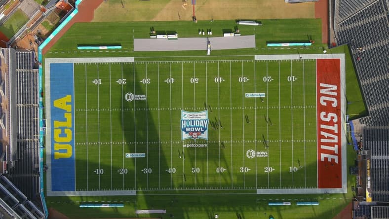 Dec 28, 2021; San Diego, CA, USA; A general overall aerial view of the football field at Petco Park prior to the Holiday Bowl between the NC State Wolfpack and the UCLA Bruins. The game was cancelled because of  COVID-19 protocols within the UCLA program. Mandatory Credit: Kirby Lee-USA TODAY Sports