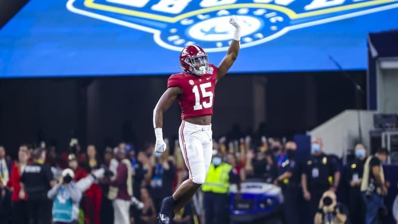 Dec 31, 2021; Arlington, Texas, USA; Alabama Crimson Tide linebacker Dallas Turner (15) reacts during the first half against the Cincinnati Bearcats in the 2021 Cotton Bowl college football CFP national semifinal game at AT&T Stadium. Mandatory Credit: Kevin Jairaj-USA TODAY Sports