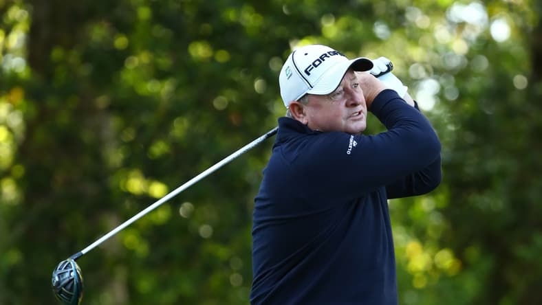 Apr 5, 2018; Augusta, GA, USA; Ian Woosnam hits his tee shot on the 2nd hole during the first round of the Masters golf tournament at Augusta National Golf Club. Mandatory Credit: Rob Schumacher-USA TODAY Sports