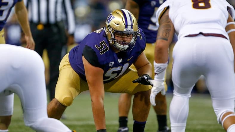 Sep 22, 2018; Seattle, WA, USA; Washington Huskies offensive lineman Jaxson Kirkland (51) in action during the first quarter against the Arizona State Sun Devils at Husky Stadium. Mandatory Credit: Jennifer Buchanan-USA TODAY Sports