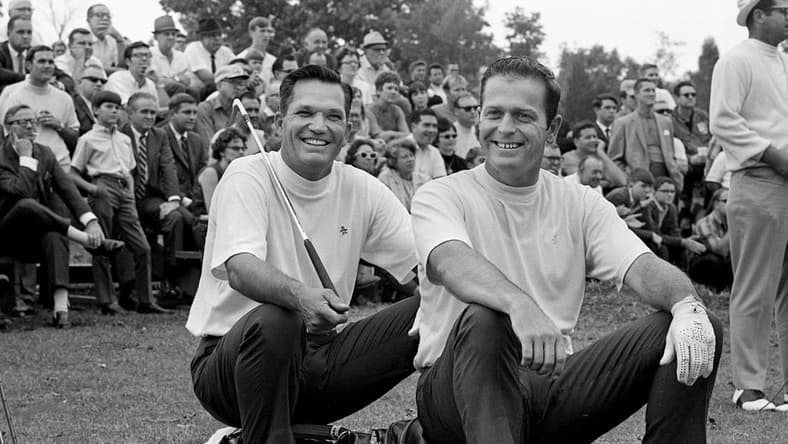 Master Champion Bob Goalby, left, and Bobby Nichols enjoy one of the many light moments, a free golf clinic, of the pre-Music City U.S.A. Pro-Celebrity Golf tournament Oct. 11, 1968 at the Harpeth Hills golf course. The clinic featured the tour pros demonstrating the proper use of every club in the bag.
68 Music City Golf 17