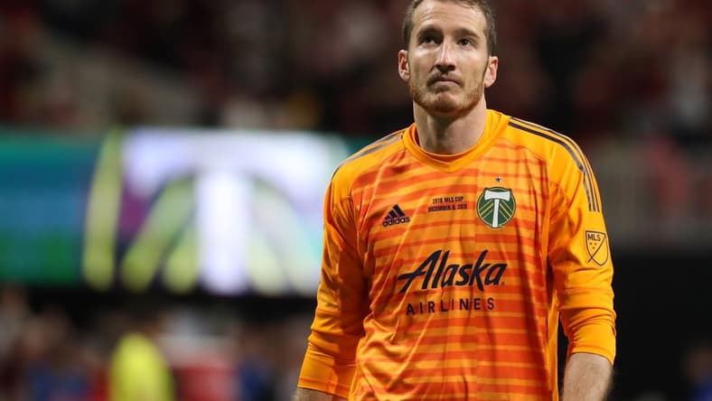 Dec 8, 2018; Atlanta, GA, USA; Portland Timbers goalkeeper Jeff Attinella (1) reacts during the first half against the Atlanta United in the 2018 MLS Cup championship game at Mercedes-Benz Stadium. Mandatory Credit: Jason Getz-USA TODAY Sports