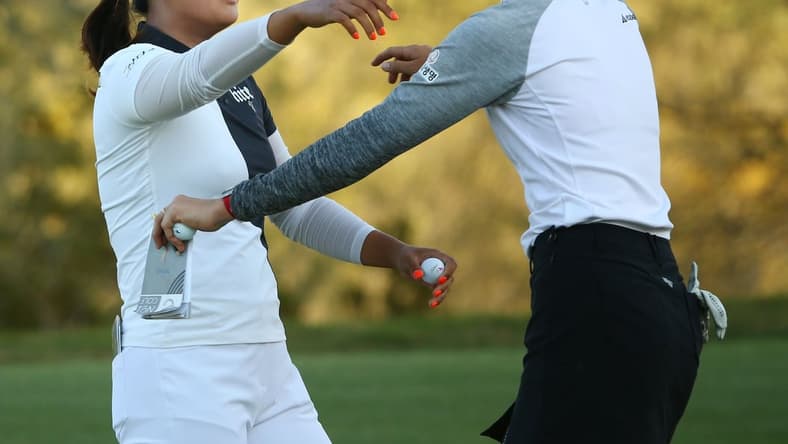 Jin Young Ko of South Korea hugs playing partner Nelly Korda (right) after finishing their final round at the Bank of Hope Founders Cup on Mar. 24, 2019 at Wildfire Golf Club at JW Marriott in Phoenix, Ariz.

Bank Of Hope Founders Cup