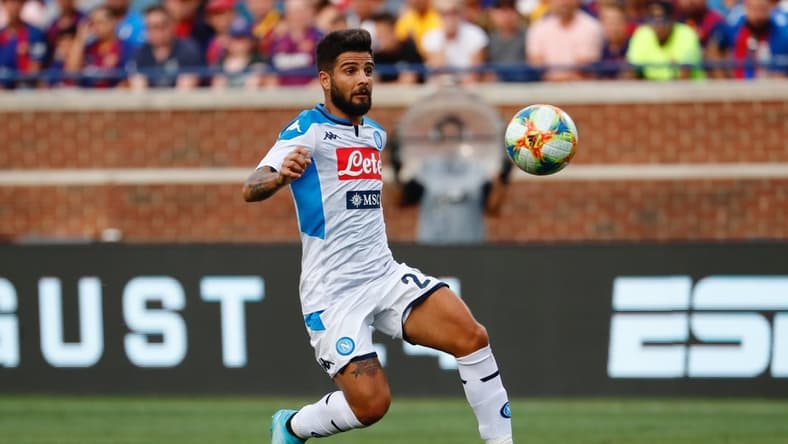 Aug 10, 2019; Ann Arbor, MI, USA; Napoli forward Lorenzo Insigne (24) dribbles against the Barcelona during a United States La Liga-Serie A Cup Tour soccer match at Michigan Stadium. Mandatory Credit: Rick Osentoski-USA TODAY Sports