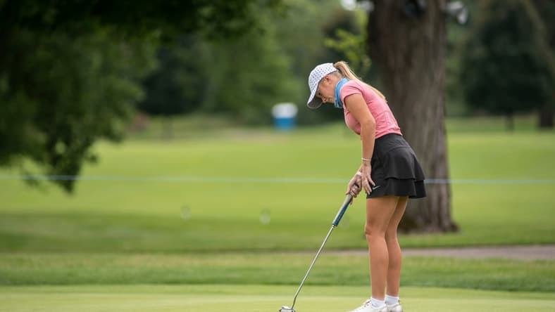 Golfer Sarah Shipley lines up her put as she prepares for the FireKeepers Casino Hotel Championship Symetra Tour event on Tuesday, July 21, 2020 at Battle Creek Country Club in Battle Creek, Mich.