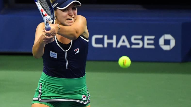 Sep 7, 2020; Flushing Meadows, New York, USA; Sofia Kenin of the United States hits the ball against Elise Mertens of Belgium on day eight of the 2020 U.S. Open tennis tournament at USTA Billie Jean King National Tennis Center. Mandatory Credit: Robert Deutsch-USA TODAY Sports