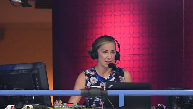Sep 9 2020; Flushing Meadows, New York,USA; Hall of Fame member and ESPN commentator Chris Evert calls the match between Victoria Azarenka of Belarus and Elise Mertens of Belgium (both not pictured) in a women's singles quarter-finals match on day nine of the 2020 U.S. Open tennis tournament at USTA Billie Jean King National Tennis Center. Mandatory Credit: Robert Deutsch-USA TODAY Sports
