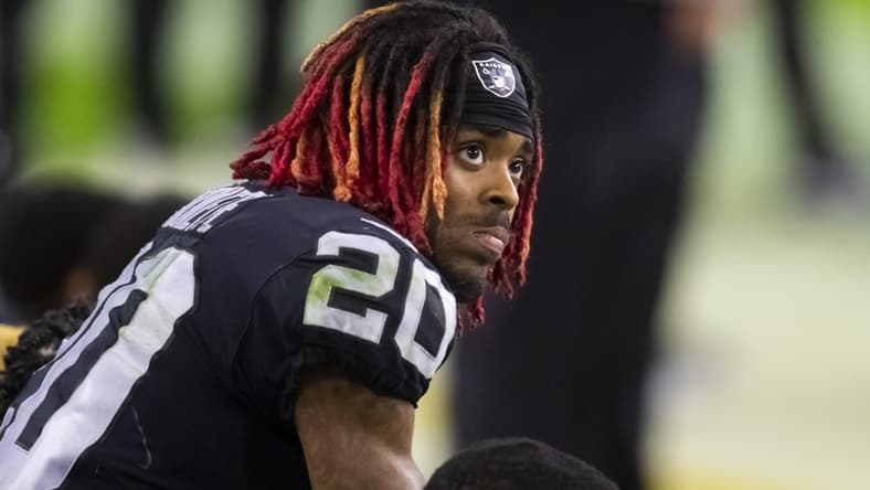 Nov 22, 2020; Paradise, Nevada, USA; Las Vegas Raiders cornerback Damon Arnette (20) against the Kansas City Chiefs at Allegiant Stadium. Mandatory Credit: Mark J. Rebilas-USA TODAY Sports