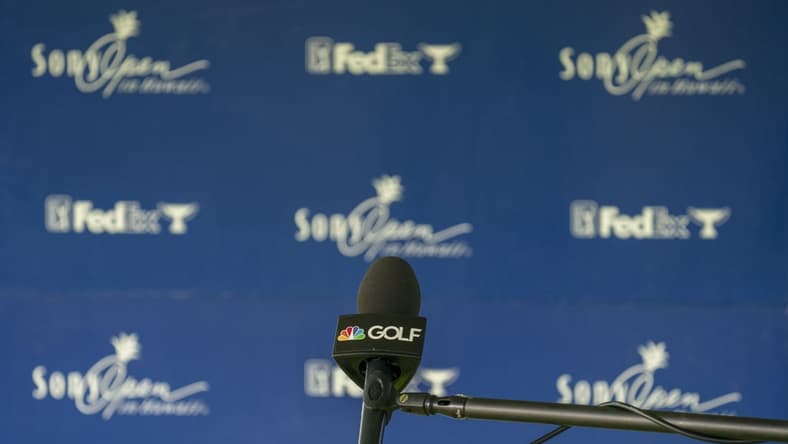 January 14, 2021; Honolulu, Hawaii, USA; Golf Channel microphone during the first round of the Sony Open golf tournament at Waialae Country Club. Mandatory Credit: Kyle Terada-USA TODAY Sports