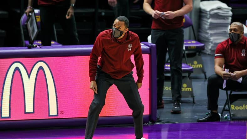 Jan 16, 2021; Baton Rouge, Louisiana, USA; South Carolina Gamecocks assistant coach Bruce Shingler reacts to a 10 second violation against LSU Tigers during the second half at the Pete Maravich Assembly Center. Mandatory Credit: Stephen Lew-USA TODAY Sports
