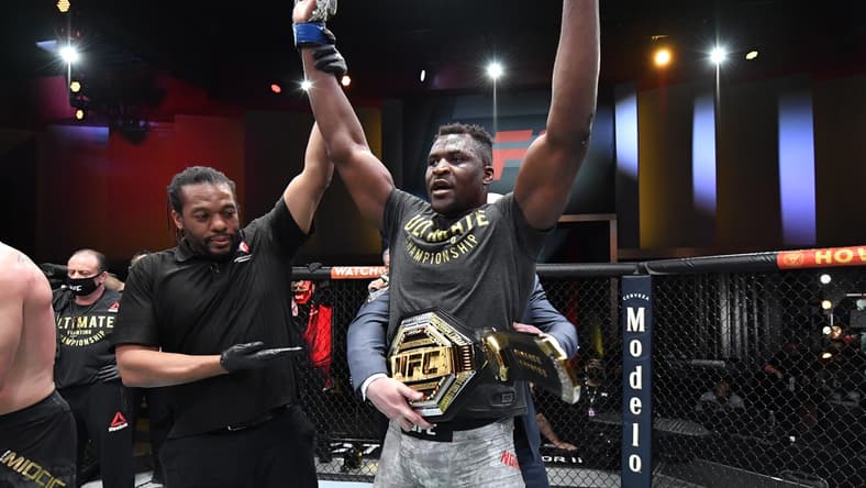 Mar 27, 2021; Las Vegas, NV, USA;  Francis Ngannou of Cameroon reacts after his victory over Stipe Miocic in their UFC heavyweight championship fight during the UFC 260 event at UFC APEX on March 27, 2021 in Las Vegas, Nevada.   Mandatory Credit: Jeff Bottari/Handout Photo via USA TODAY Sports