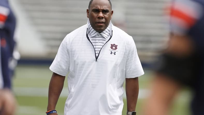 Apr 17, 2021; Auburn, Alabama, USA; Auburn Tigers defensive coordinator Derek Mason watches warmups before the start of the spring game at Jordan-Hare Stadium. Mandatory Credit: John Reed-USA TODAY Sports