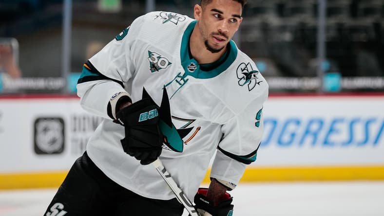 Apr 30, 2021; Denver, Colorado, USA; San Jose Sharks left wing Evander Kane (9) before the game against the Colorado Avalanche at Ball Arena. Mandatory Credit: Isaiah J. Downing-USA TODAY Sports