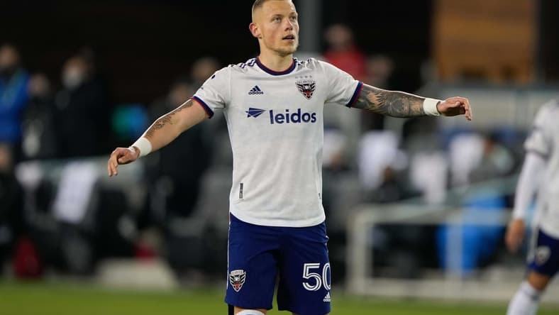 May 1, 2021; San Jose, California, USA;  D.C. United forward Erik Sorga (50) during the second half against the San Jose Earthquakes at PayPal Park. Mandatory Credit: Stan Szeto-USA TODAY Sports