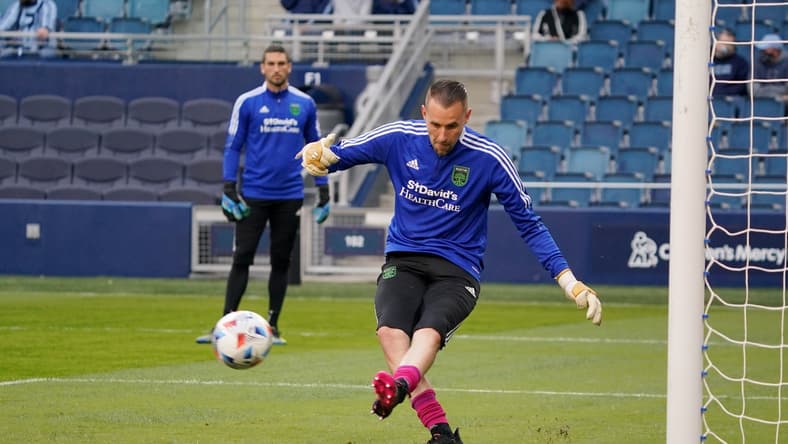 May 9, 2021; Kansas City, Kansas, USA; Austin FC goalkeeper Brady Scott (28) warms up before the game against Sporting Kansas City at Children's Mercy Park. Mandatory Credit: Denny Medley-USA TODAY Sports